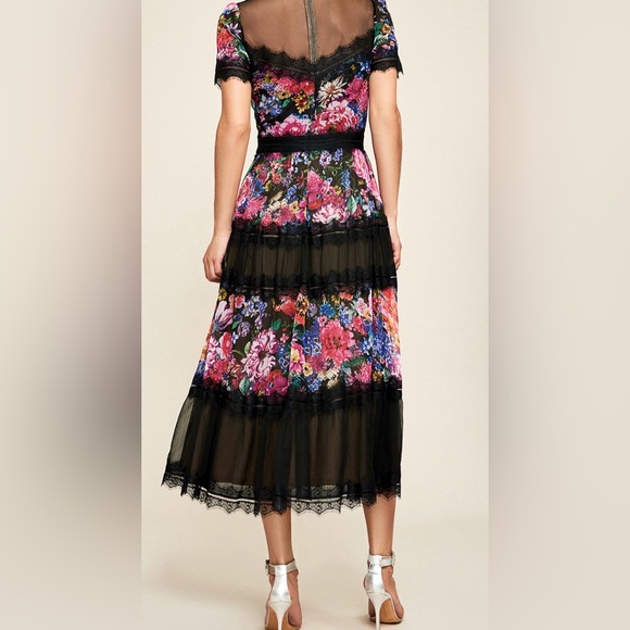 Tadashi Shoji Black Multi Floral Lace Tiered Midi Dress - Picture 2 of 3